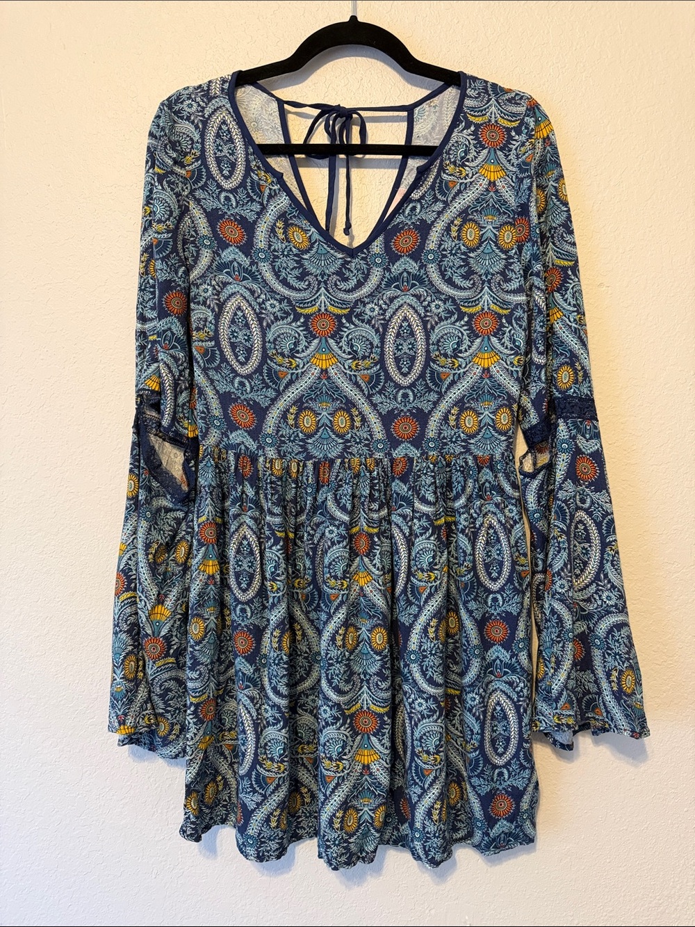 Band of Gypsies Blue Paisley Mini Dress with Yellow Accents